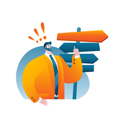 A man in a jacket stands next to the sign and chooses the main direction. Vector isolated character. Concept illustrations on the topic of the mainstream in business.