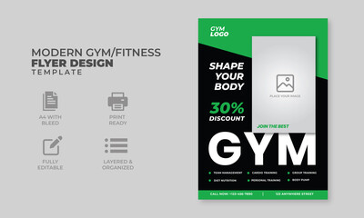 Modern gym flyer design template green and black layout, a4 design for gym, ready to print,