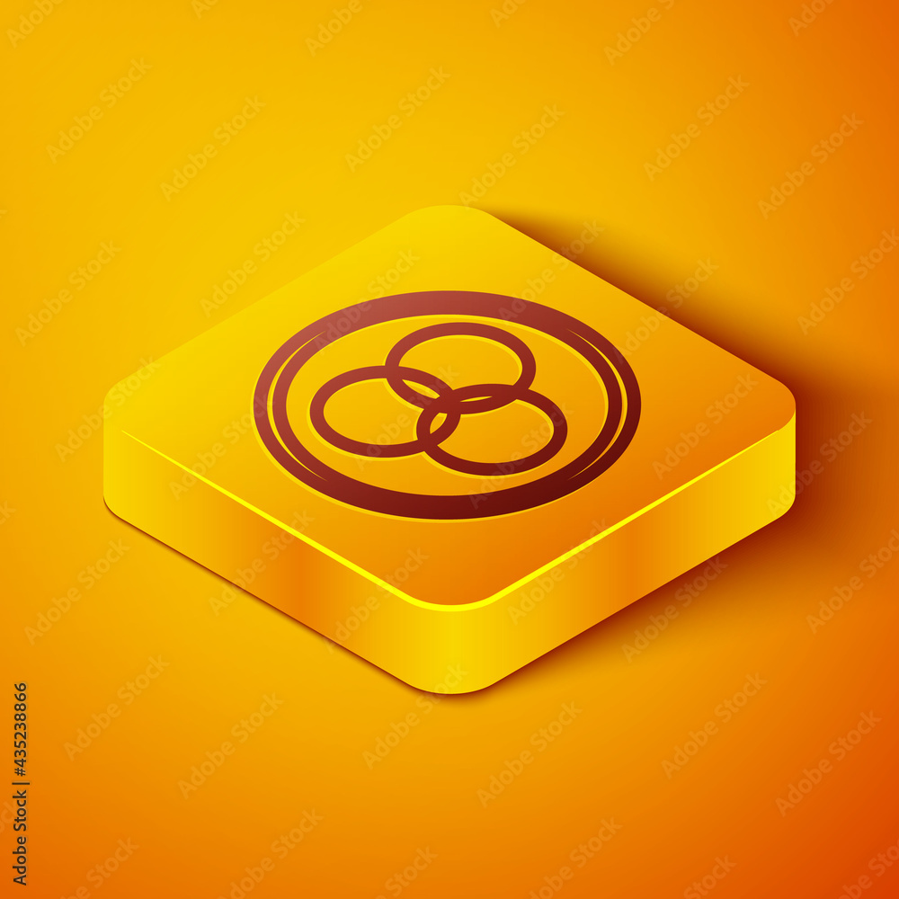 Poster isometric line rgb and cmyk color mixing icon isolated on orange background. yellow square button. v