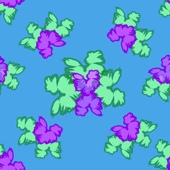 Burgundy and pink flowers on a blue background. Botanical colorful bouquet. Design seamless pattern. Vector illustration. For wallpapers, backgrounds, textiles and postcards.