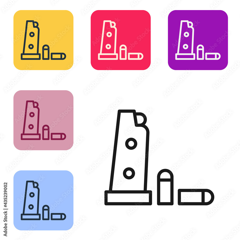 Poster black line gun magazine and bullets icon isolated on white background. set icons in color square but