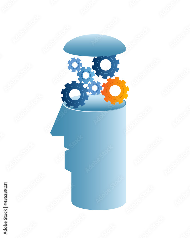 Poster a symbolic head with a mechanisms inside. vector illustration on the theme of developing an idea.