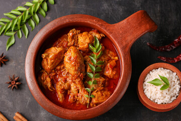 Spicy red Kerala chicken curry , rice Goan style chicken vindaloo. Butter chicken Murgh Makhani curry roast hot spicy gravy dish Dhaba Punjab, India. North Indian non-vegetarian cuisine Garam Masala. 