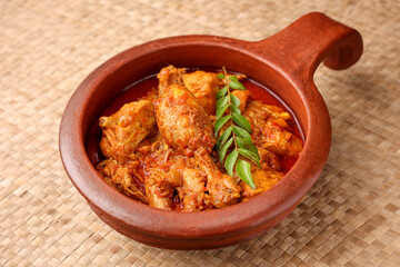 Spicy red Kerala chicken curry Goan style chicken vindaloo. Butter chicken Murgh Makhani curry roast hot spicy gravy dish Dhaba Punjab, India. North Indian non-vegetarian cuisine Garam Masala. tikka