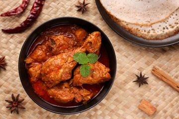 Spicy kerala red chicken curry. Goan style chicken vindaloo. Butter chicken Murgh Makhani curry roast hot and spicy gravy dish Dhaba Punjab, India. North Indian non-vegetarian cuisine Garam Masala. 
