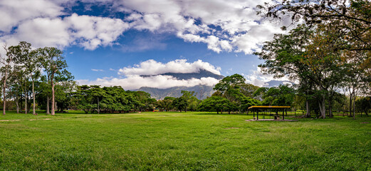 Panoramic view of sunrise at Parque del Este with El Avila mountain at the background. Caracas, Venezuela