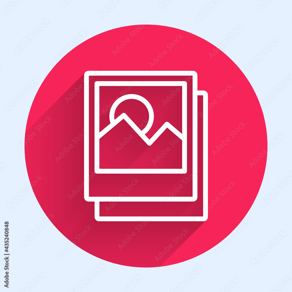 Poster white line photo icon isolated with long shadow. red circle button. vector