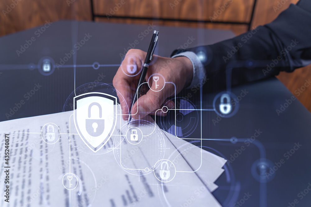 Poster a businessman in formal wear signing the contract to prevent probability of risks in cyber security.