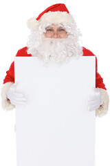 Santa Claus pointing on blank white wall, advertisement banner with copy space. Isolated on white background