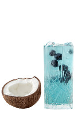 Homemade blueberry  lemonade in glass with ice rocks and coconut isolated