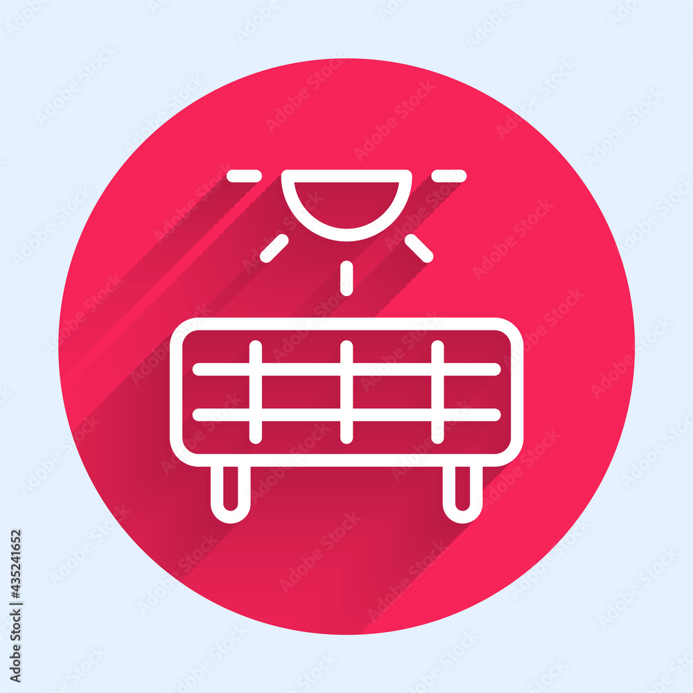 Poster white line solar energy panel icon isolated with long shadow. red circle button. vector