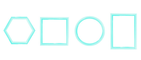 Blue border art creative. Set of colored geometric frames on white layouts. Colored border texture. Square, rectangle, circle, hexagon concept. Decorative design. EPS10 vector