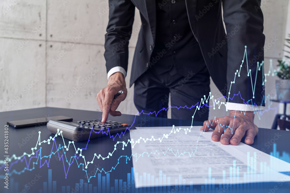 Poster a trader computing historic data to predict stock market behavior. internet trading concept. forex a