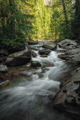 Flowing creek in Glacier National Park, Montana in a long exposure, long shutter speed, high resolution, landscape photography picture in portrait orientation.