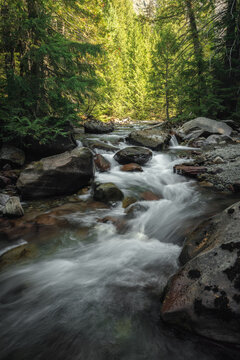 Flowing creek in Glacier National Park, Montana in a long exposure, long shutter speed, high resolution, landscape photography picture in portrait orientation.
