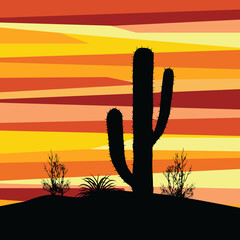 Abstract geometric desert sunset illustration with yellow, orange and red diagonal stripes and cactus decoration © anasztazia