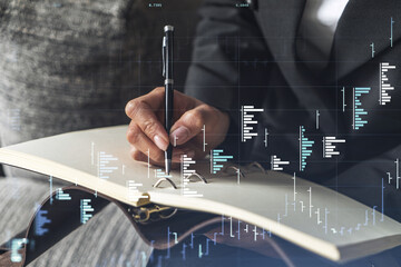 A woman trader in formal wear writing down some ideas to research stock market to proceed right...