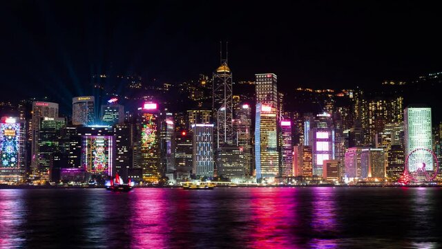 Tsim Sha Tsui, Hong Kong - Dec 4, 2018: Time-lapse cityscape at night of Symphony of lights show event at Victoria Harbour in Hong Kong city. Asia travel destination, tourist attraction concept