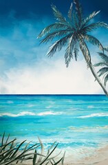 Fototapeta na wymiar Watercolor Painting Beach Wallpaper , Sea Waves, Sand ,Coconut Tree, Coconut Palm