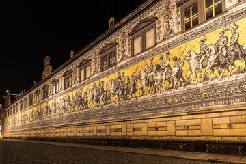 Night view of the  Fürstenzug (Procession of Princes) painting on the wall outside of the Dresden...