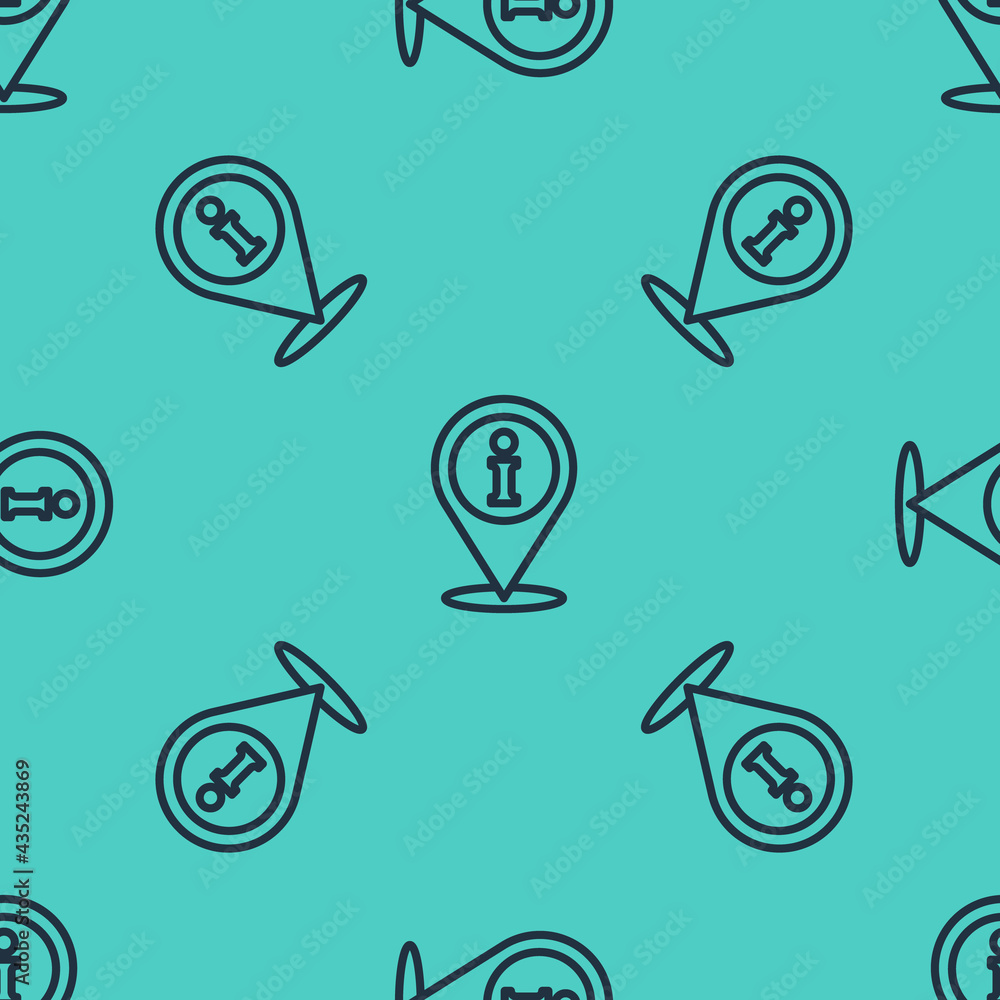 Poster black line location with information icon isolated seamless pattern on green background. vector