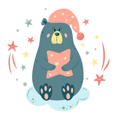 Nursery Vector illustration in cartoon style. Cute teddy bear on cloud with pillow, nightcap and stars. For baby room, baby shower, greeting card, textile print. Hand drawn nursery