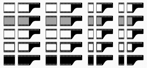 One frame for creating seamless film and a final frame element with the end of the film. Black-white silhouette of an empty film and with frames. Rounded and straight picture frames. Vector