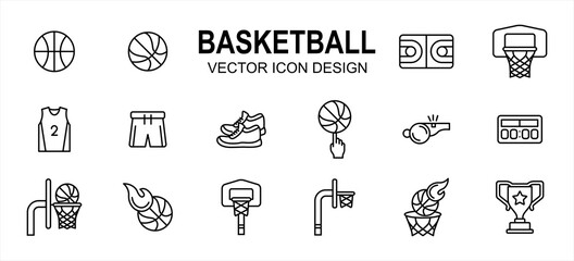basketball sport related vector icon user interface graphic design. Contains such Icons as basket ball, field, floor, court, uniform, pant, snicker, shoes, score board, fingering, trophy, goal