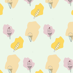 Abstract vector ice cream pattern with cherry. Factory textiles . Dress for women . Summer blouse . T-shirt . Linens . Baner to action . Ice cream parlor menu background . Wallpaper for the kitchen .
