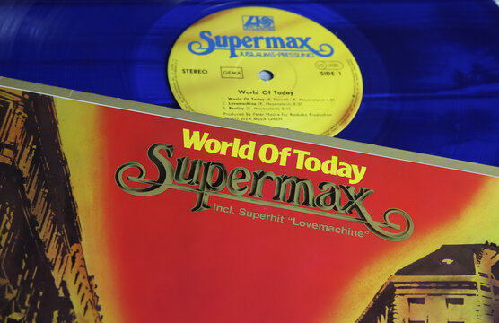 Viersen, Germany - May 9. 2021: Closeup of isolated vinyl record cover of supermax band