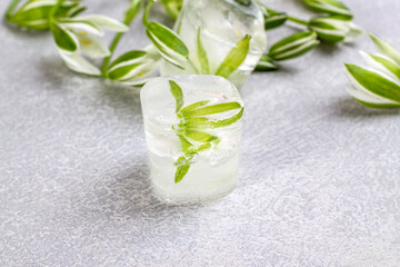 Fototapeta na wymiar White delicate flower frozen in an ice cube. Refreshing ice flowers.