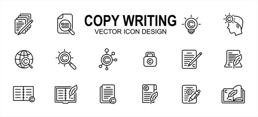 Copy writing and publisher author related vector icon user interface graphic design. Contains such icons as text, write, pencil and paper, copyright, light bulb, quill, book, international,network - obrazy, fototapety, plakaty