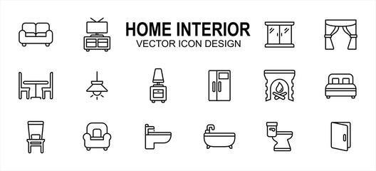 home interior ware and furniture related vector icon user interface graphic design. Contains such icons as sofa, cabinet, wardrobe, curtain, dinning table, lamp cover, refrigerator, fire place, bed