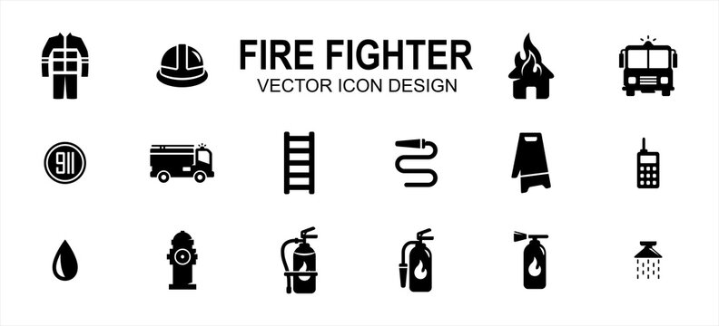 fire fighter department related vector icon user interface graphic design. Contains such icons as office, person, uniform, safety, burning house, fire fighter truck, 911 sign, ladder, water hose