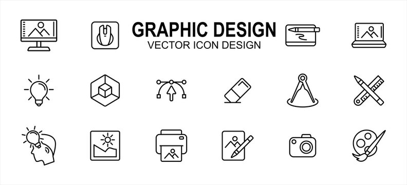 Graphic visual design related vector icon user interface graphic design. Contains such icons as computer, mouse, pen tablet, laptop, idea, light bulb, anchor, handle, eraser, pencil, ruler, photo
