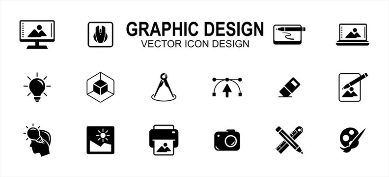 Graphic visual design related vector icon user interface graphic design. Contains such icons as computer, mouse, pen tablet, laptop, idea, light bulb, anchor, handle, eraser, pencil, ruler, photo