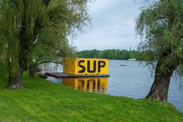  yellow paddleboard station on the river