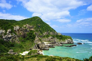 Aerial view of coastal beach and seaside rock from Chishi observation deck in Zamami island, Okinawa, Japan. - 日本 沖縄 座間味島 チシ展望台からの眺望 