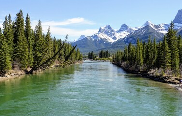 A beautiful photo of the bow river in Canmore, Alberta, on a beautiful sunny spring day, with the rocky mountains in the background.  The river is in the center with trees surrounded the river.