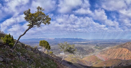 Rocky Mountains landscape views from Grandeur Peak hiking trail, Bonneville Shoreline Pipe Line Overlook Rattlesnake Gulch trail, Wasatch Front, by Salt Lake City, Utah. United States. USA