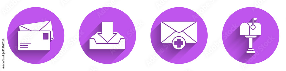 Poster set envelope, download inbox, received message concept and mail box icon with long shadow. vector