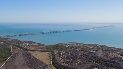 Kerch, Crimea. View of the new Crimean bridge. Fortress Kerch. Clear weather, Aerial View