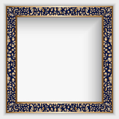 Vintage gold frame with scroll border pattern. Golden square decoration on white background. Ornamental picture frame design. 