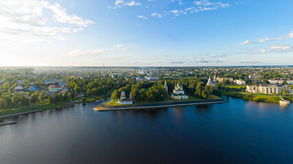 Uglich, Russia. The territory of the Kremlin. Volga river. Embankment in Uglich. Aerial view