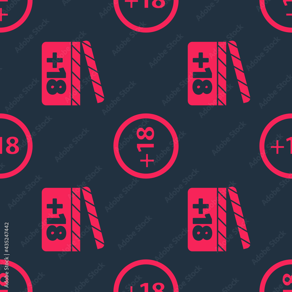 Poster set movie clapper with 18 plus content and plus 18 movie on seamless pattern. vector