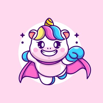 Cute super hero unicorn flying cartoon