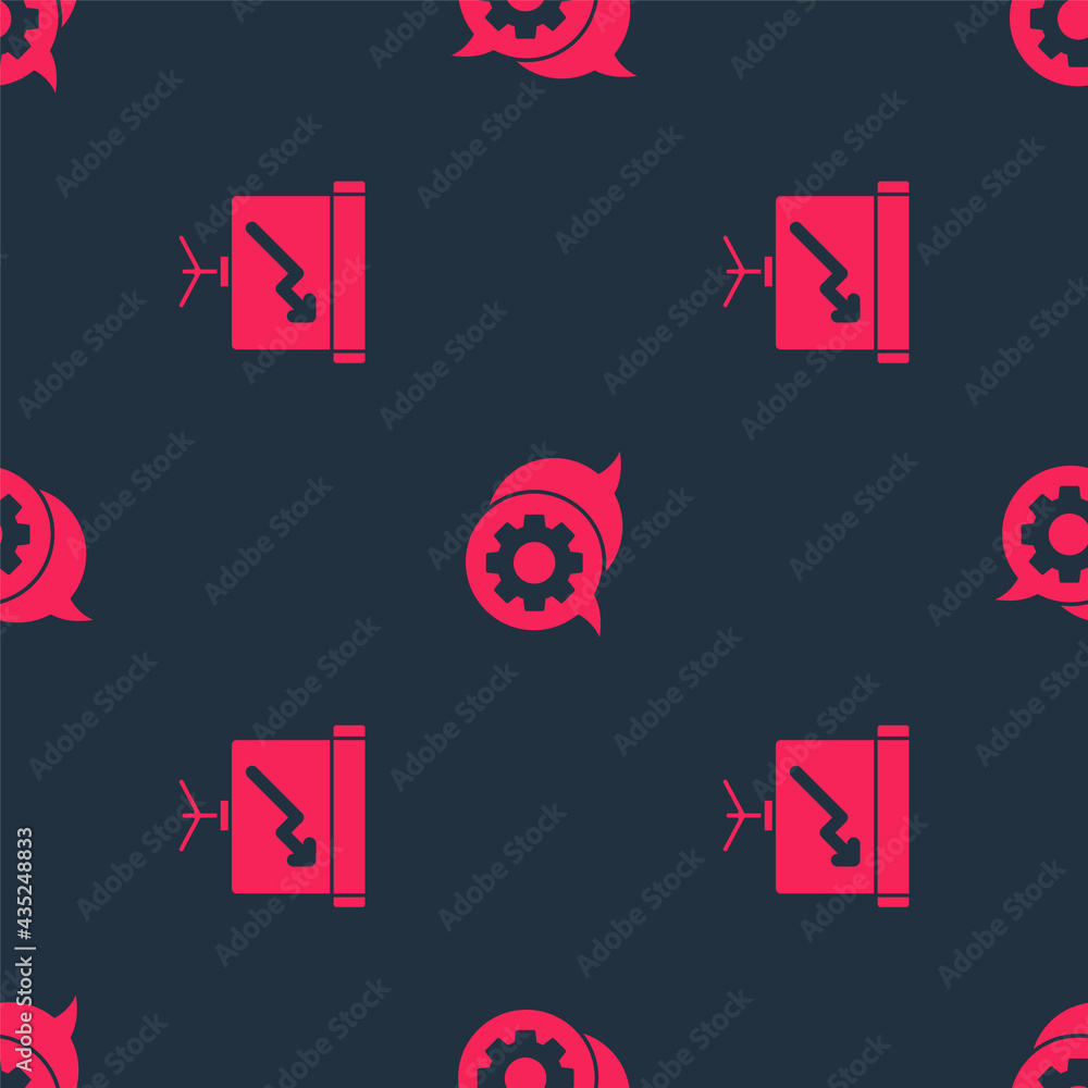 Poster set chalkboard with diagram and speech bubble chat on seamless pattern. vector
