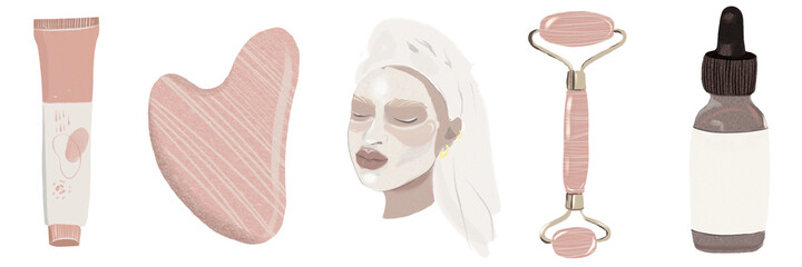 Face massage illustration set with quartz roller gua sha, skincare, treatment, relaxation oil, woman fase