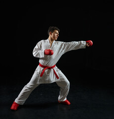 Male karate fighter in white kimono and red gloves © Nomad_Soul