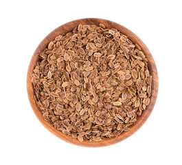 Dill seeds in wooden bowl, isolated on white background. Natural dry dill seeds. Anethum graveolens. Top view.